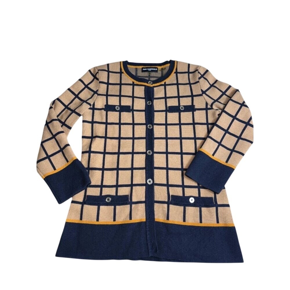 Karl Lagerfeld Paris Tan‎ Navy Windowpane Plaid Button Front Cardigan Sweater XS